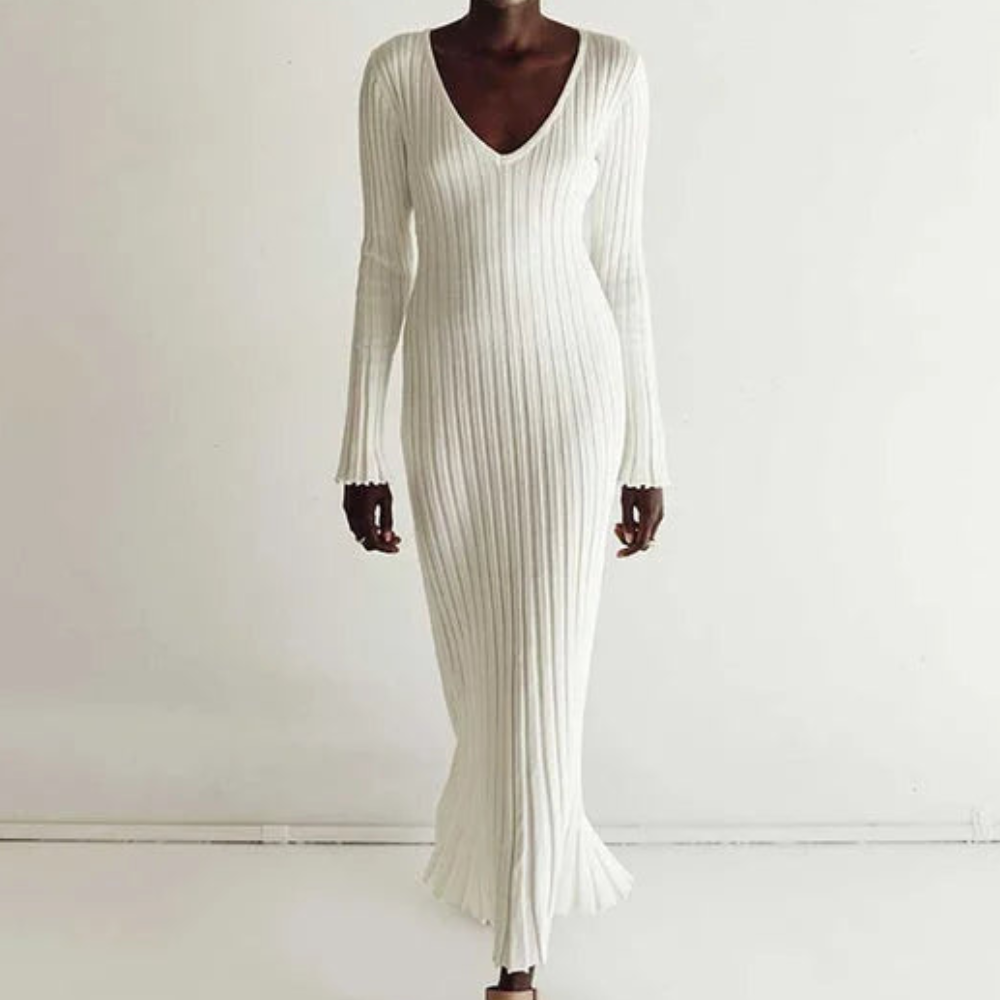 Sabina™ | Elegant ribbad midiklänning med stickad V-ringning