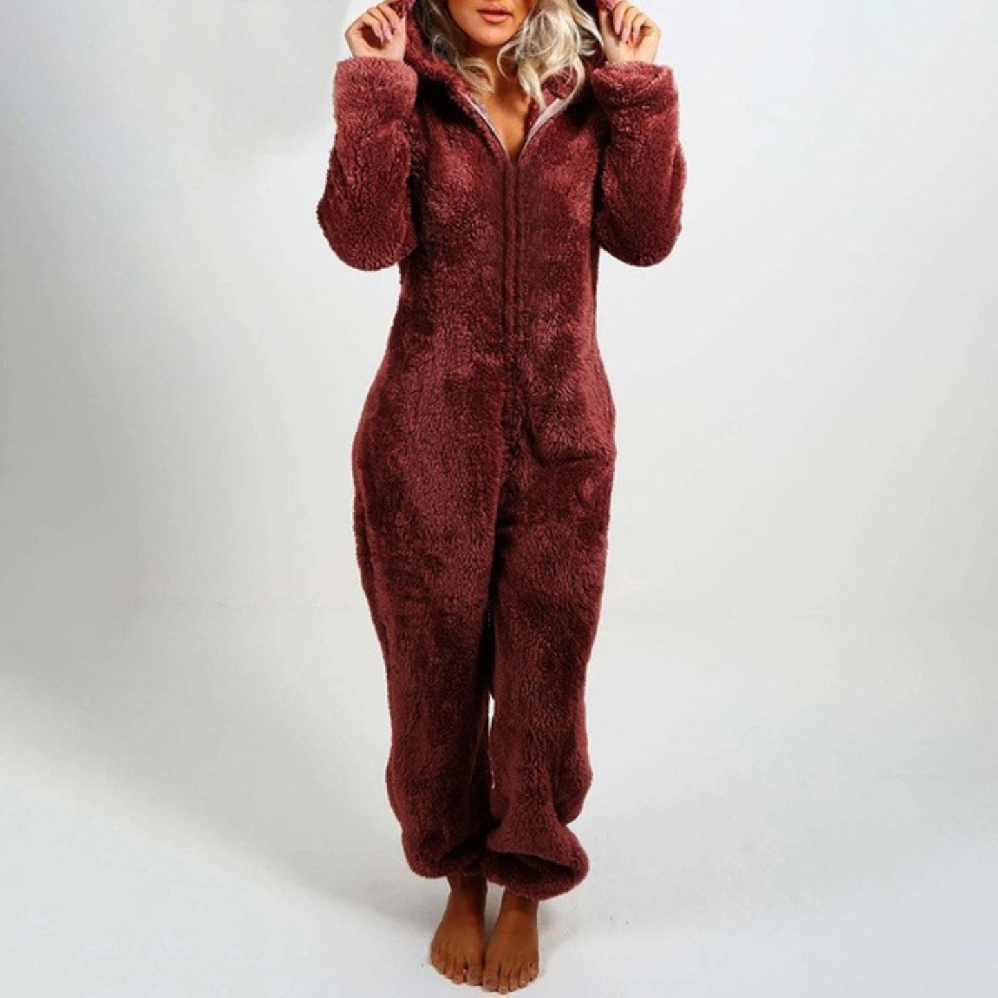 Celeste™  - Mysig Huva Fleece Jumpsuit med Dragkedja