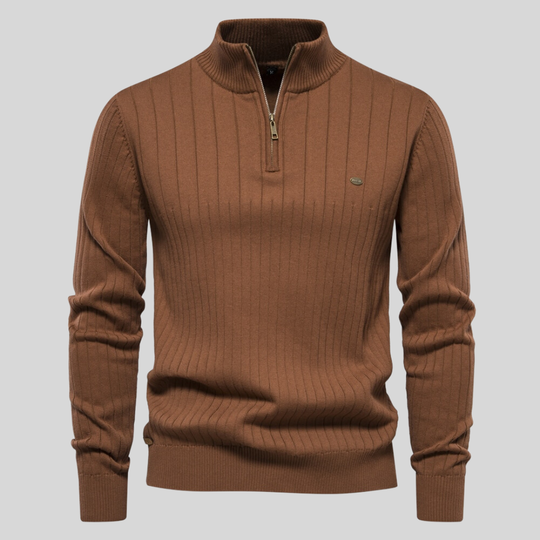 Henry™ - Ribbad Stickad Zip-Tröja i Taupe